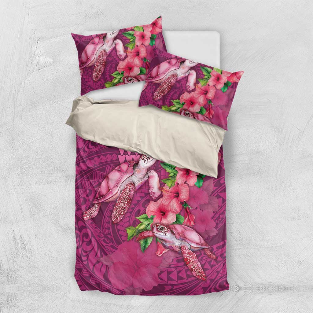 Hawaiian Turtle Love Couple Bedding Set - Sweet Hibiscus and Kakau Pattern Rose Color LT03 US Twin 172cm x 218cm Pink - Polynesian Pride