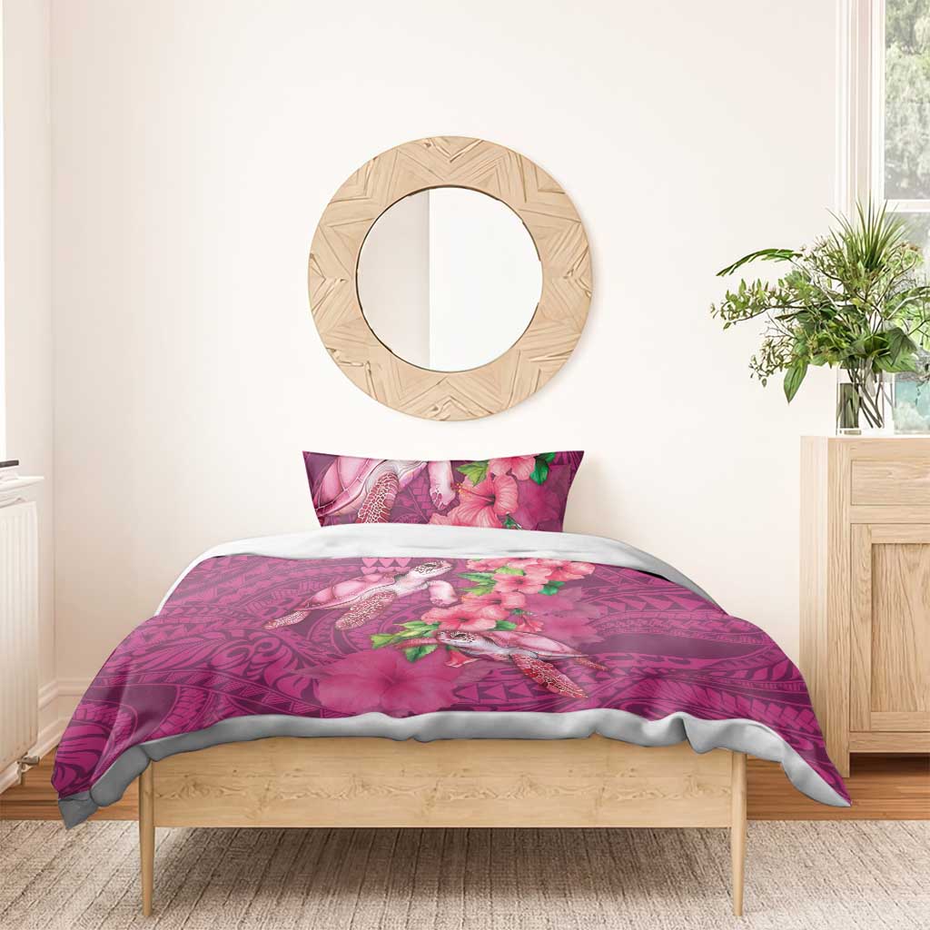 Hawaiian Turtle Love Couple Bedding Set - Sweet Hibiscus and Kakau Pattern Rose Color LT03 - Polynesian Pride