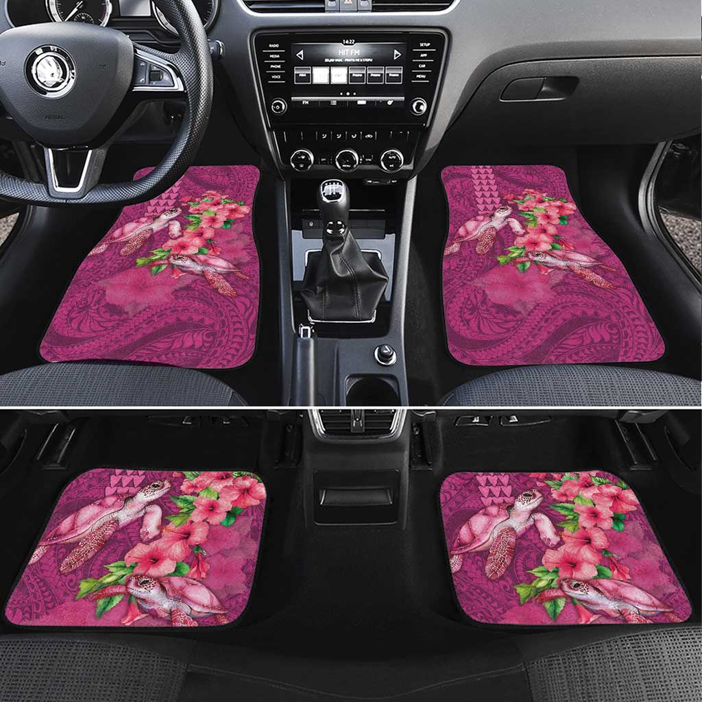 Hawaiian Turtle Love Couple Car Mats - Sweet Hibiscus and Kakau Pattern Rose Color LT03 Set 4pcs Pink - Polynesian Pride