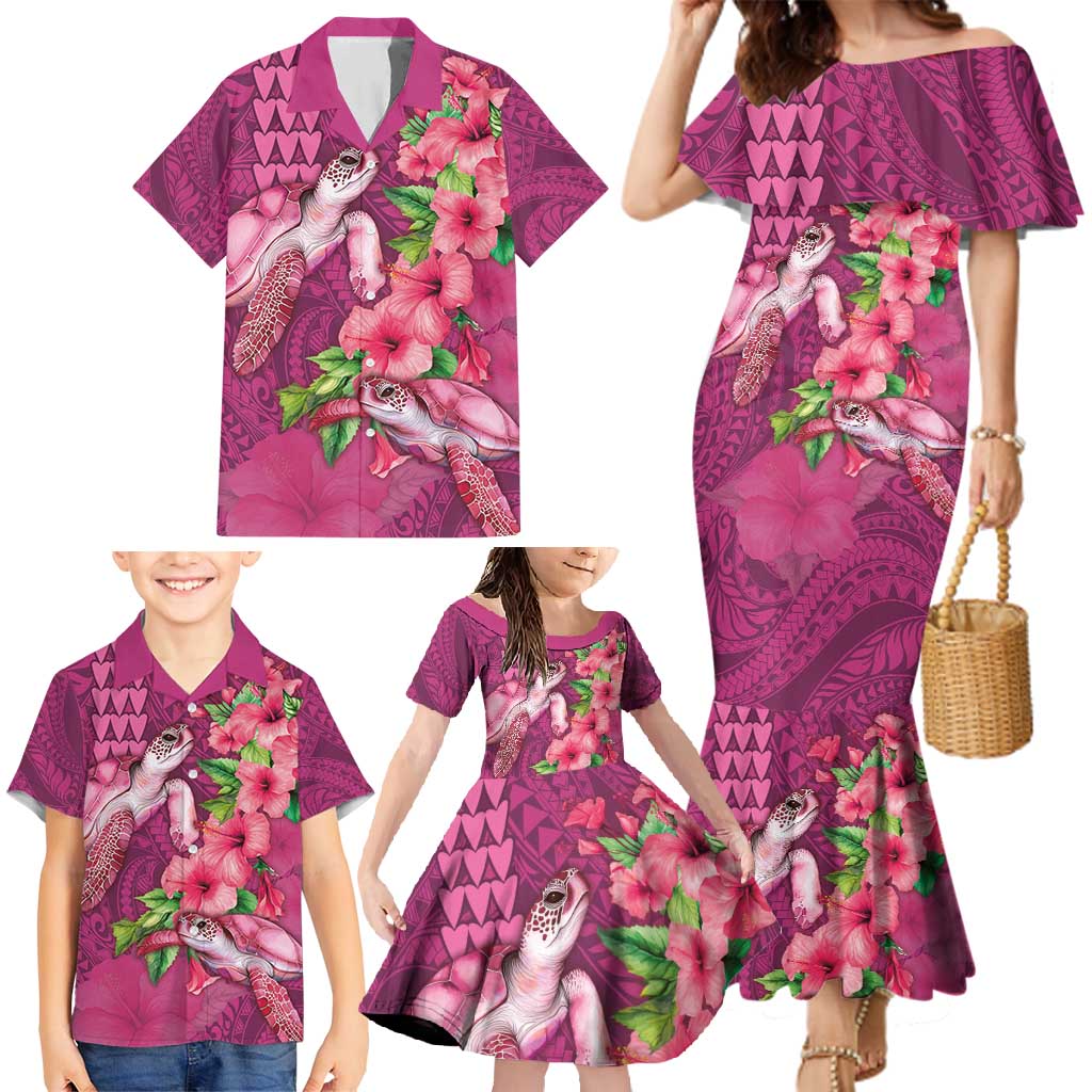 Hawaiian Turtle Love Couple Family Matching Mermaid Dress and Hawaiian Shirt - Sweet Hibiscus and Kakau Pattern Rose Color