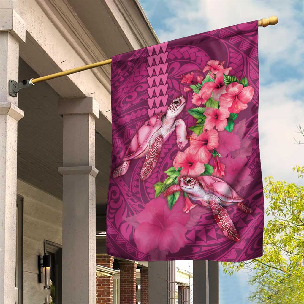 Hawaiian Turtle Love Couple Garden Flag - Sweet Hibiscus and Kakau Pattern Rose Color LT03 House Flag Pink - Polynesian Pride