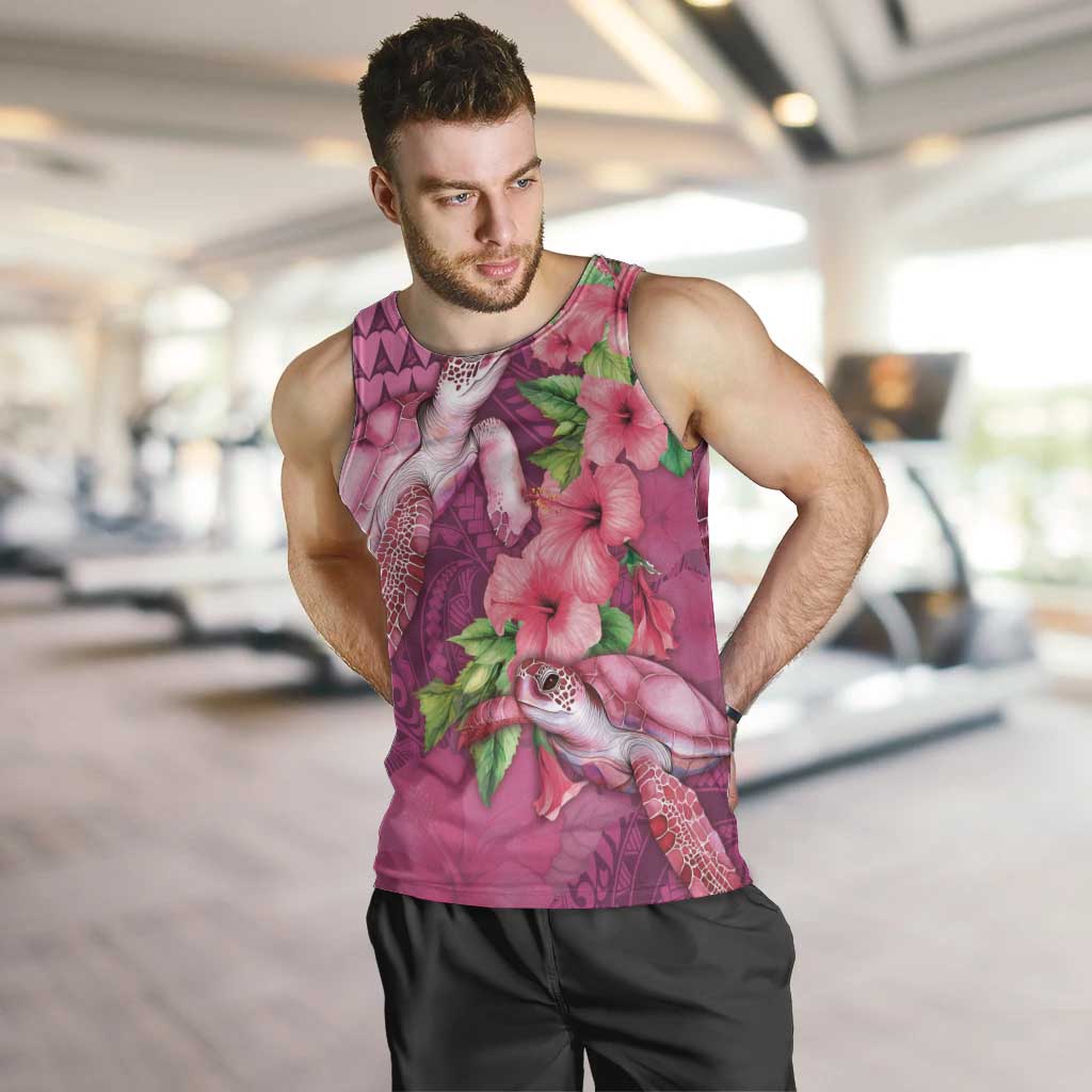 Hawaiian Turtle Love Couple Men Tank Top - Sweet Hibiscus and Kakau Pattern Rose Color LT03 Pink - Polynesian Pride