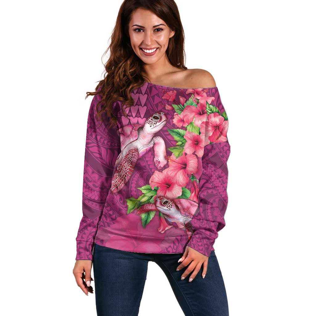 Hawaiian Turtle Love Couple Off Shoulder Sweater - Sweet Hibiscus and Kakau Pattern Rose Color LT03 Women Pink - Polynesian Pride