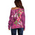 Hawaiian Turtle Love Couple Off Shoulder Sweater - Sweet Hibiscus and Kakau Pattern Rose Color