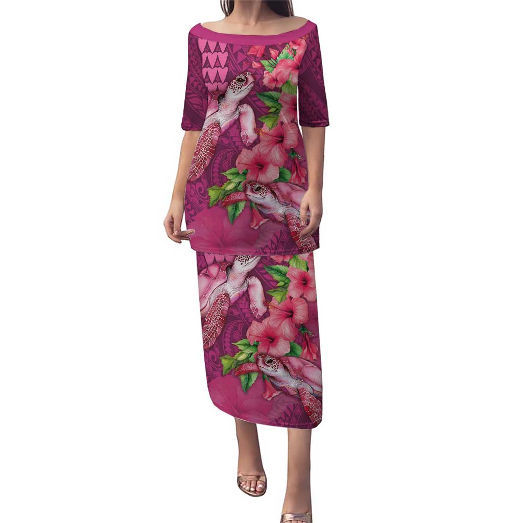 Hawaiian Turtle Love Couple Puletasi - Sweet Hibiscus and Kakau Pattern Rose Color LT03 Long Dress Pink - Polynesian Pride