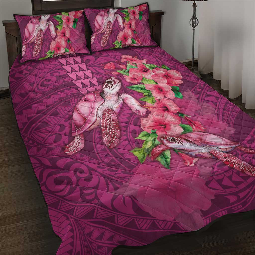 Hawaiian Turtle Love Couple Quilt Bed Set - Sweet Hibiscus and Kakau Pattern Rose Color LT03 Pink - Polynesian Pride