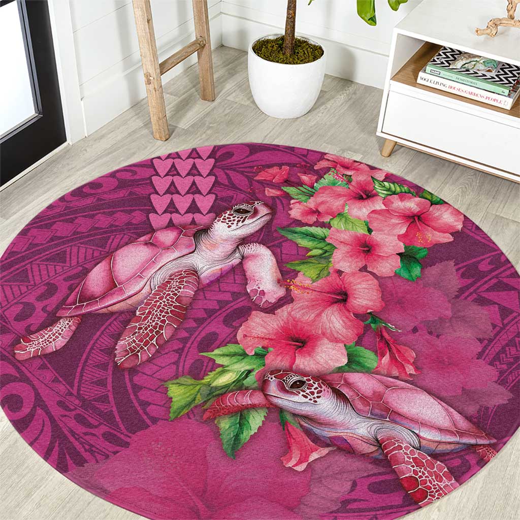 Hawaiian Turtle Love Couple Round Carpet - Sweet Hibiscus and Kakau Pattern Rose Color LT03 Pink - Polynesian Pride