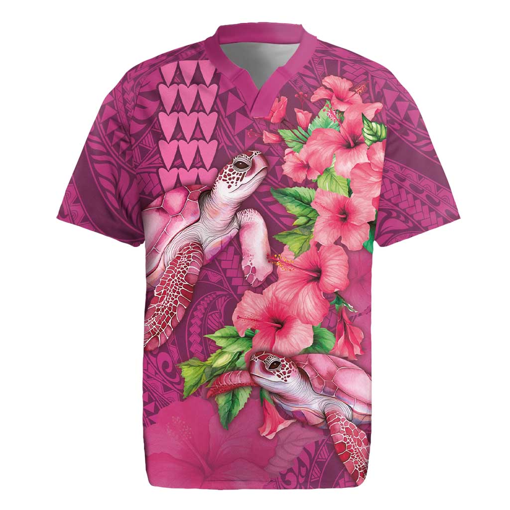 Hawaiian Turtle Love Couple Rugby Jersey - Sweet Hibiscus and Kakau Pattern Rose Color LT03 Pink - Polynesian Pride