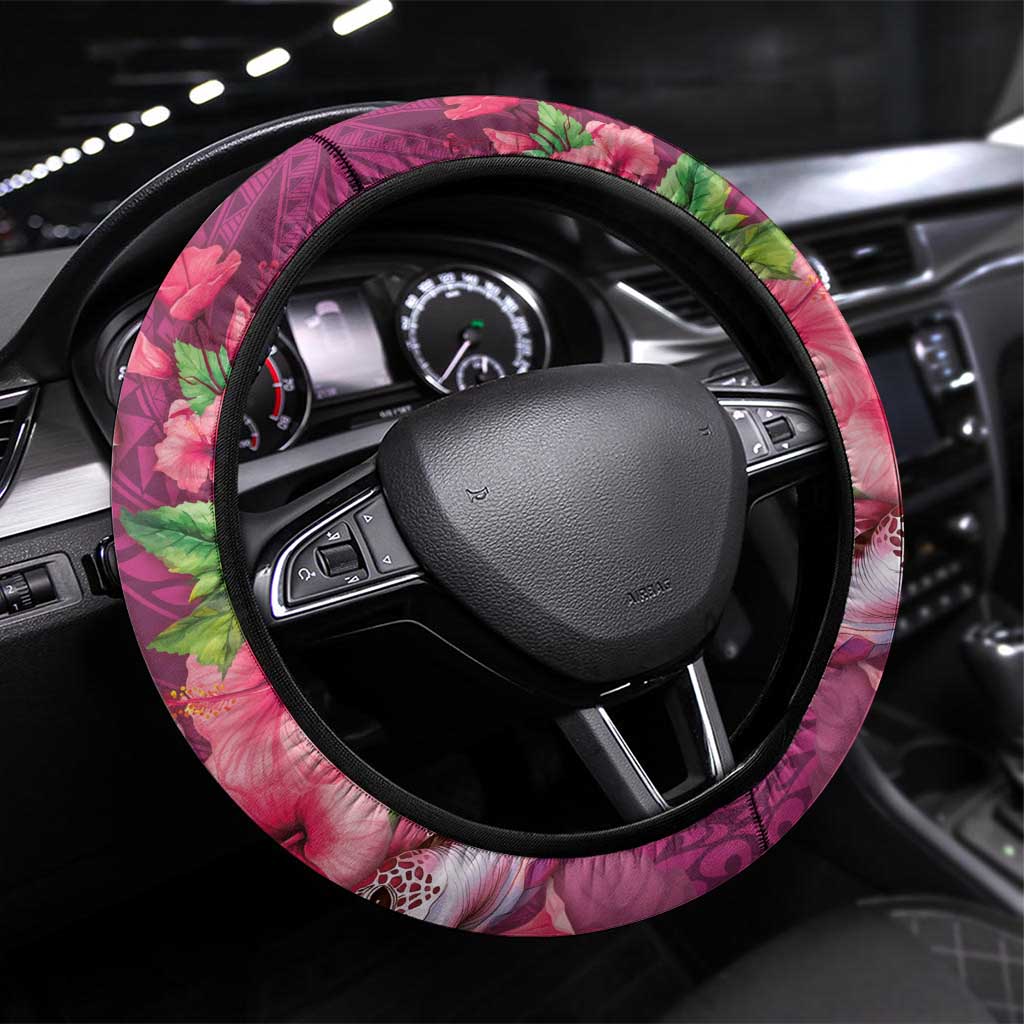 Hawaiian Turtle Love Couple Steering Wheel Cover - Sweet Hibiscus and Kakau Pattern Rose Color LT03 Universal Fit Pink - Polynesian Pride