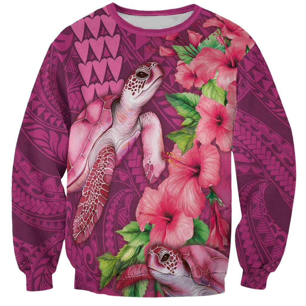 Hawaiian Turtle Love Couple Sweatshirt - Sweet Hibiscus and Kakau Pattern Rose Color LT03 Unisex Pink - Polynesian Pride