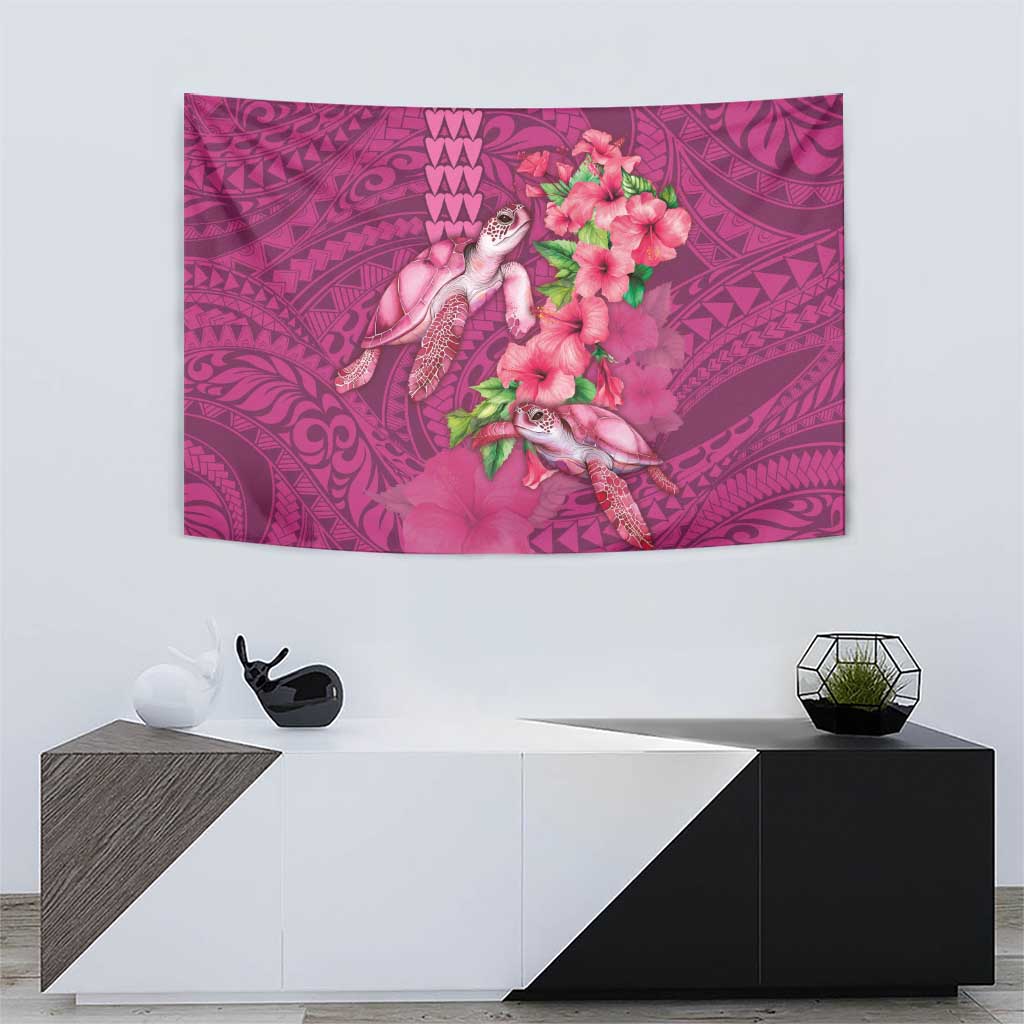 Hawaiian Turtle Love Couple Tapestry - Sweet Hibiscus and Kakau Pattern Rose Color LT03 - Polynesian Pride