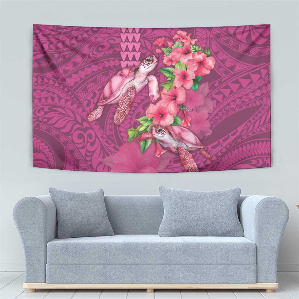 Hawaiian Turtle Love Couple Tapestry - Sweet Hibiscus and Kakau Pattern Rose Color LT03 - Polynesian Pride