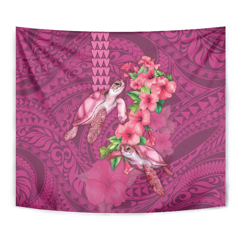 Hawaiian Turtle Love Couple Tapestry - Sweet Hibiscus and Kakau Pattern Rose Color LT03 - Polynesian Pride