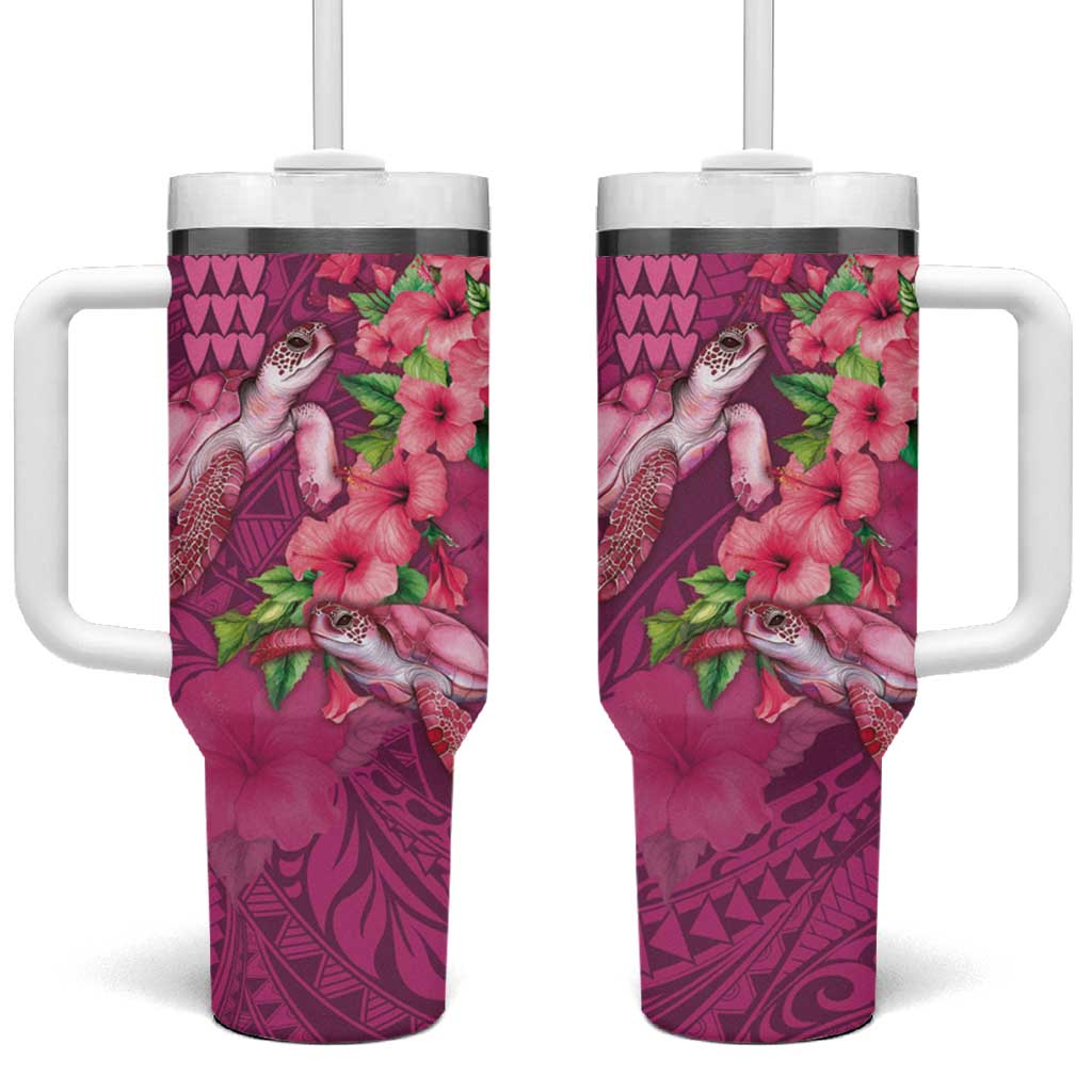 Hawaiian Turtle Love Couple Tumbler With Handle Sweet Hibiscus and Kakau Pattern Rose Color LT03 One Size: 40 oz Pink - Polynesian Pride