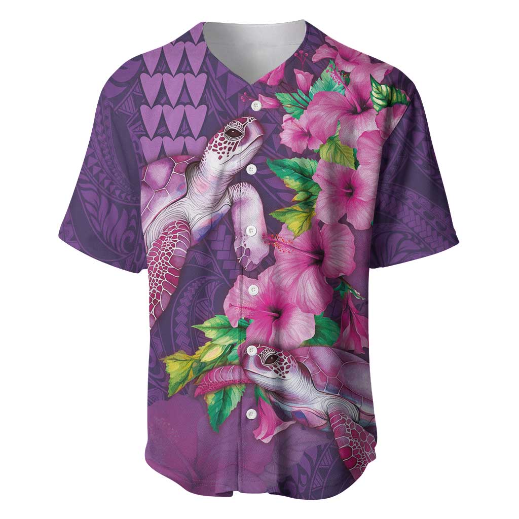 Hawaiian Turtle Love Couple Baseball Jersey - Sweet Hibiscus and Kakau Pattern Deep Purple Color LT03 Purple - Polynesian Pride