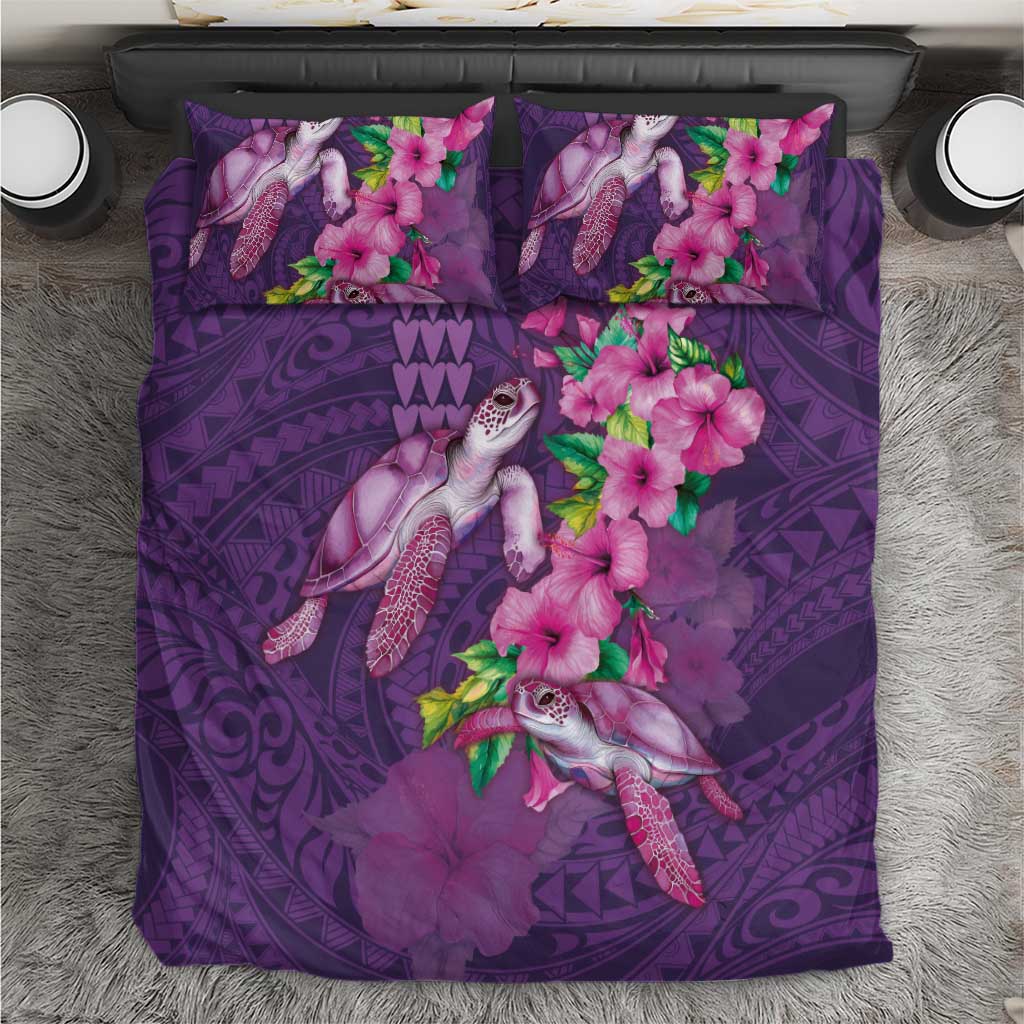 Hawaiian Turtle Love Couple Bedding Set - Sweet Hibiscus and Kakau Pattern Deep Purple Color LT03 Purple - Polynesian Pride