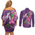 Hawaiian Turtle Love Couple Couples Matching Off Shoulder Short Dress and Long Sleeve Button Shirt - Sweet Hibiscus and Kakau Pattern Deep Purple Color