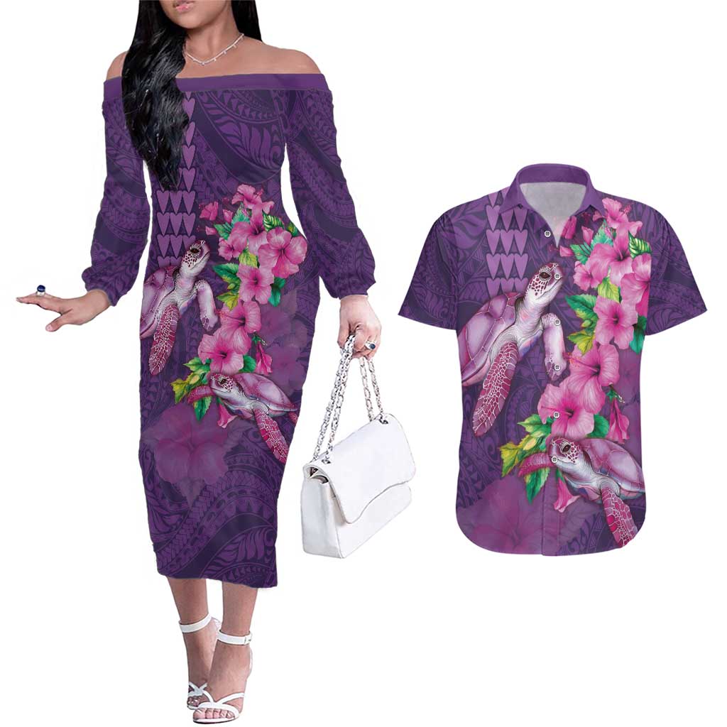 Hawaiian Turtle Love Couple Couples Matching Off The Shoulder Long Sleeve Dress and Hawaiian Shirt - Sweet Hibiscus and Kakau Pattern Deep Purple Color