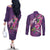 Hawaiian Turtle Love Couple Couples Matching Off The Shoulder Long Sleeve Dress and Long Sleeve Button Shirt - Sweet Hibiscus and Kakau Pattern Deep Purple Color