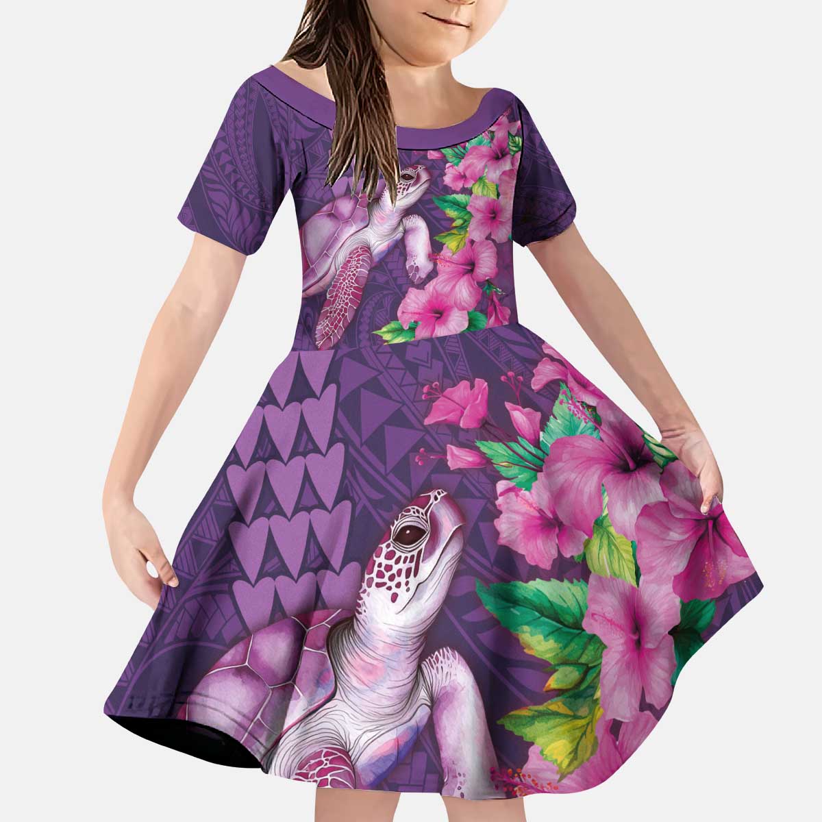 Hawaiian Turtle Love Couple Kid Short Sleeve Dress - Sweet Hibiscus and Kakau Pattern Deep Purple Color LT03 KID Purple - Polynesian Pride
