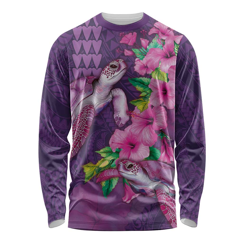 Hawaiian Turtle Love Couple Long Sleeve Shirt - Sweet Hibiscus and Kakau Pattern Deep Purple Color LT03 Unisex Purple - Polynesian Pride