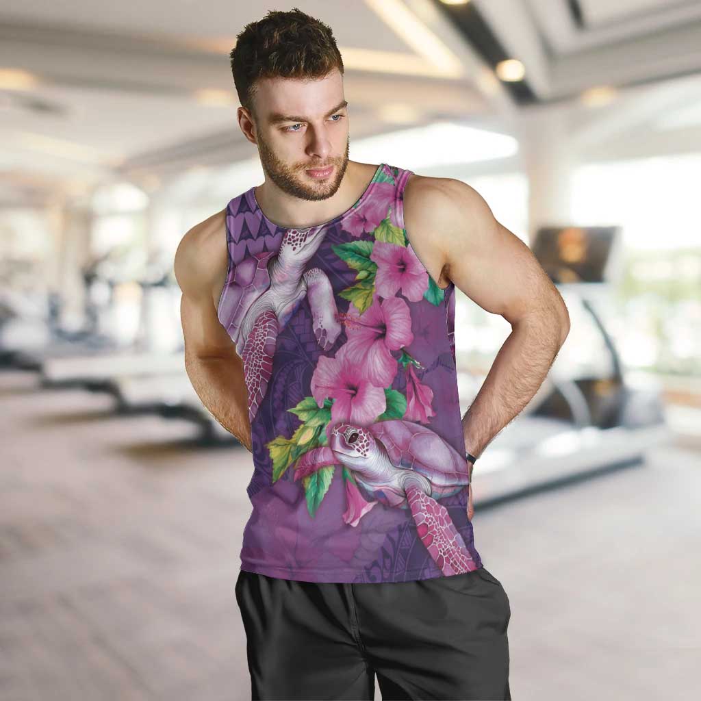 Hawaiian Turtle Love Couple Men Tank Top - Sweet Hibiscus and Kakau Pattern Deep Purple Color LT03 Purple - Polynesian Pride