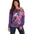 Hawaiian Turtle Love Couple Off Shoulder Sweater - Sweet Hibiscus and Kakau Pattern Deep Purple Color