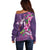 Hawaiian Turtle Love Couple Off Shoulder Sweater - Sweet Hibiscus and Kakau Pattern Deep Purple Color