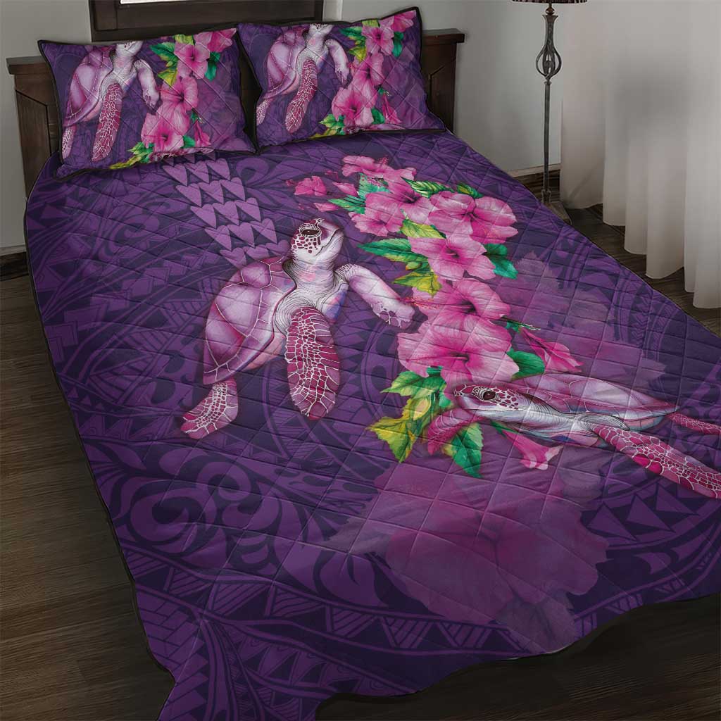 Hawaiian Turtle Love Couple Quilt Bed Set - Sweet Hibiscus and Kakau Pattern Deep Purple Color LT03 Purple - Polynesian Pride