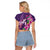 Hawaiian Turtle Love Couple Raglan Cropped T Shirt - Sweet Hibiscus and Kakau Pattern Deep Purple Color