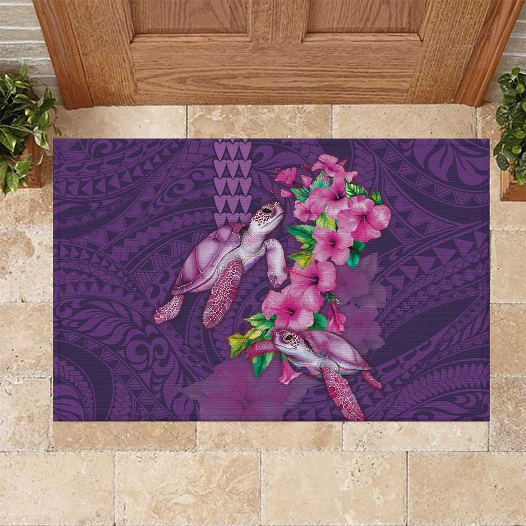 Hawaiian Turtle Love Couple Rubber Doormat - Sweet Hibiscus and Kakau Pattern Deep Purple Color LT03 Purple - Polynesian Pride
