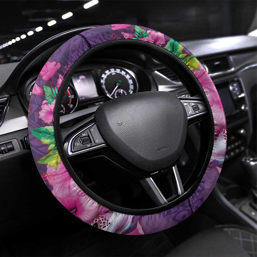 Hawaiian Turtle Love Couple Steering Wheel Cover - Sweet Hibiscus and Kakau Pattern Deep Purple Color LT03 Universal Fit Purple - Polynesian Pride