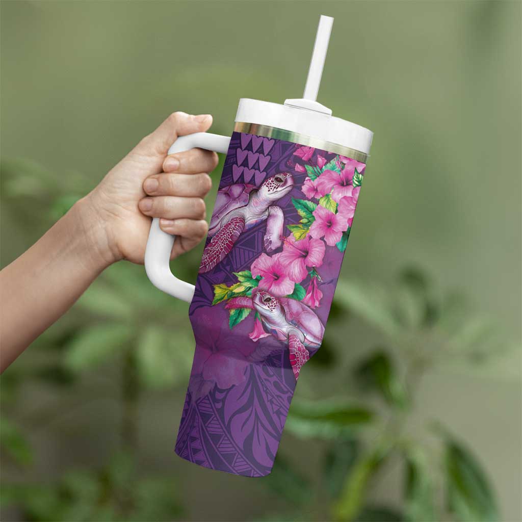 Hawaiian Turtle Love Couple Tumbler With Handle Sweet Hibiscus and Kakau Pattern Deep Purple Color LT03 - Polynesian Pride