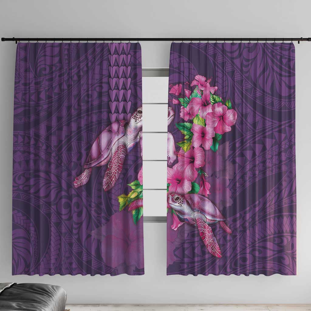 Hawaiian Turtle Love Couple Window Curtain - Sweet Hibiscus and Kakau Pattern Deep Purple Color LT03 With Hooks Purple - Polynesian Pride