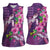 Hawaiian Turtle Love Couple Women Sleeveless Polo Shirt - Sweet Hibiscus and Kakau Pattern Deep Purple Color