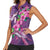 Hawaiian Turtle Love Couple Women Sleeveless Polo Shirt - Sweet Hibiscus and Kakau Pattern Deep Purple Color