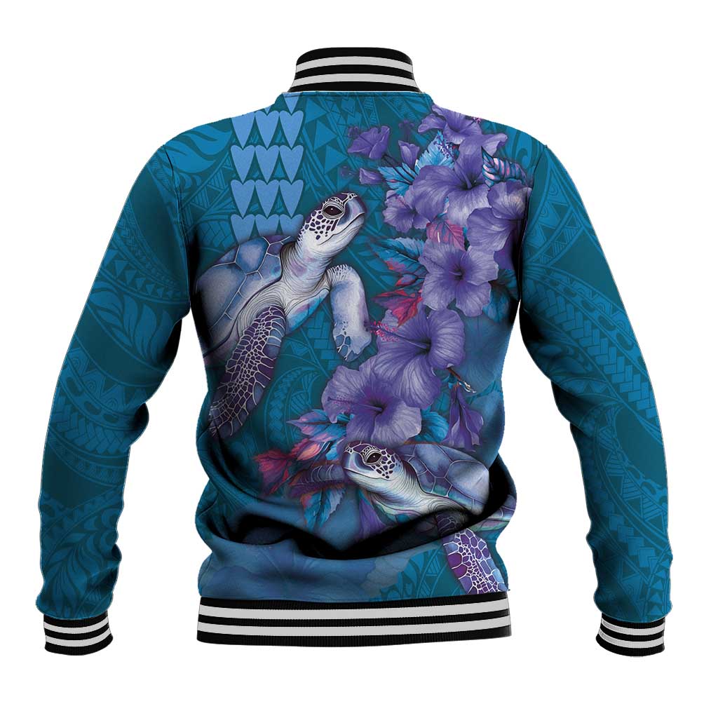 Hawaiian Turtle Love Couple Baseball Jacket - Sweet Hibiscus and Kakau Pattern Sapphire Color LT03 - Polynesian Pride