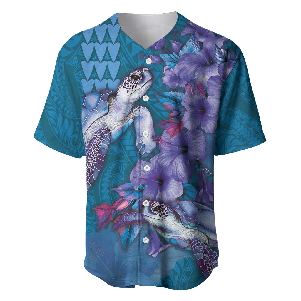 Hawaiian Turtle Love Couple Baseball Jersey - Sweet Hibiscus and Kakau Pattern Sapphire Color LT03 Blue - Polynesian Pride