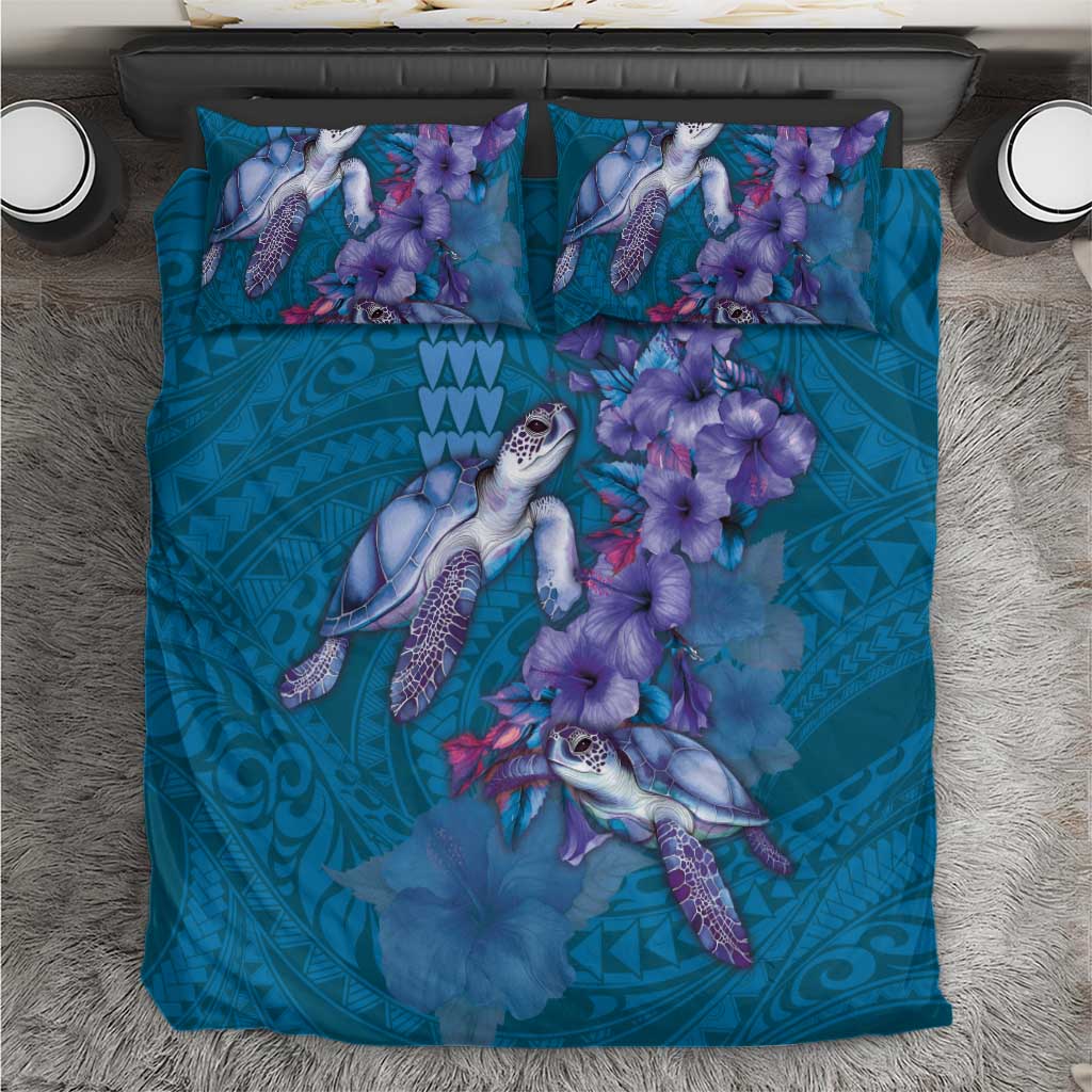 Hawaiian Turtle Love Couple Bedding Set - Sweet Hibiscus and Kakau Pattern Sapphire Color LT03 Blue - Polynesian Pride