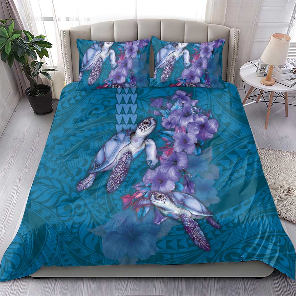 Hawaiian Turtle Love Couple Bedding Set - Sweet Hibiscus and Kakau Pattern Sapphire Color LT03 - Polynesian Pride