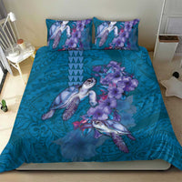 Hawaiian Turtle Love Couple Bedding Set - Sweet Hibiscus and Kakau Pattern Sapphire Color LT03 - Polynesian Pride