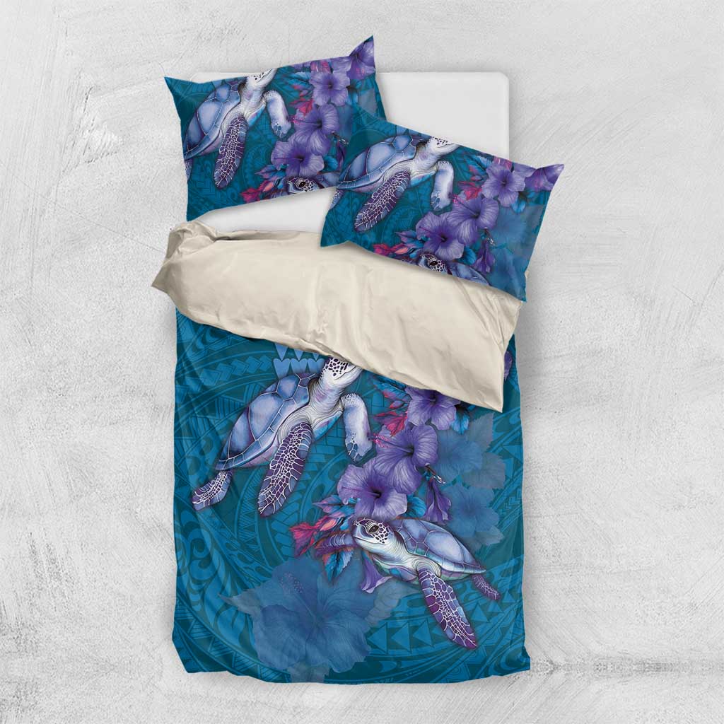 Hawaiian Turtle Love Couple Bedding Set - Sweet Hibiscus and Kakau Pattern Sapphire Color LT03 US Twin 172cm x 218cm Blue - Polynesian Pride
