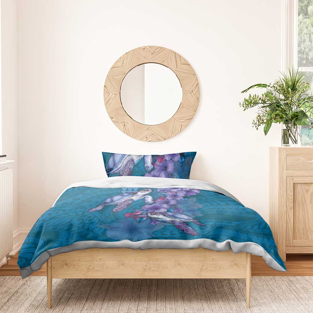 Hawaiian Turtle Love Couple Bedding Set - Sweet Hibiscus and Kakau Pattern Sapphire Color LT03 - Polynesian Pride