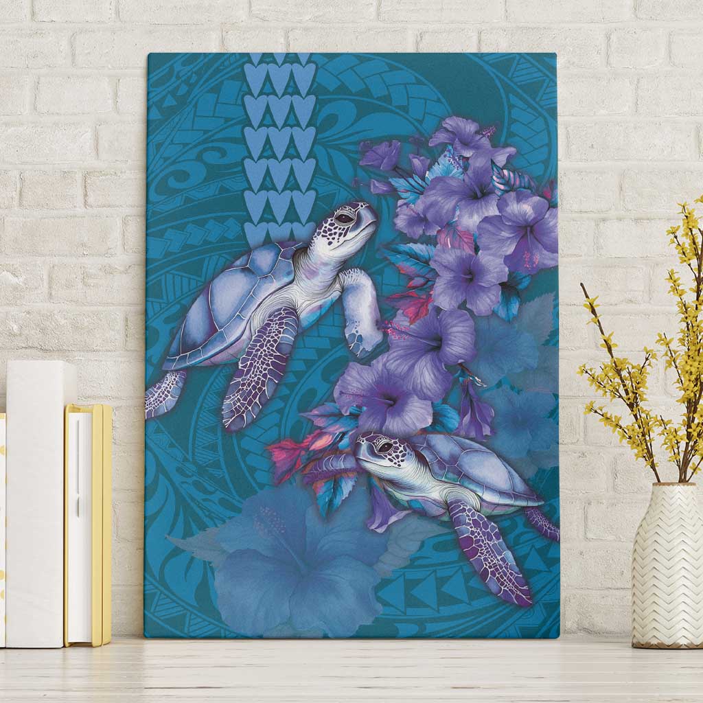 Hawaiian Turtle Love Couple Canvas Wall Art - Sweet Hibiscus and Kakau Pattern Sapphire Color LT03 Without Frame Blue - Polynesian Pride
