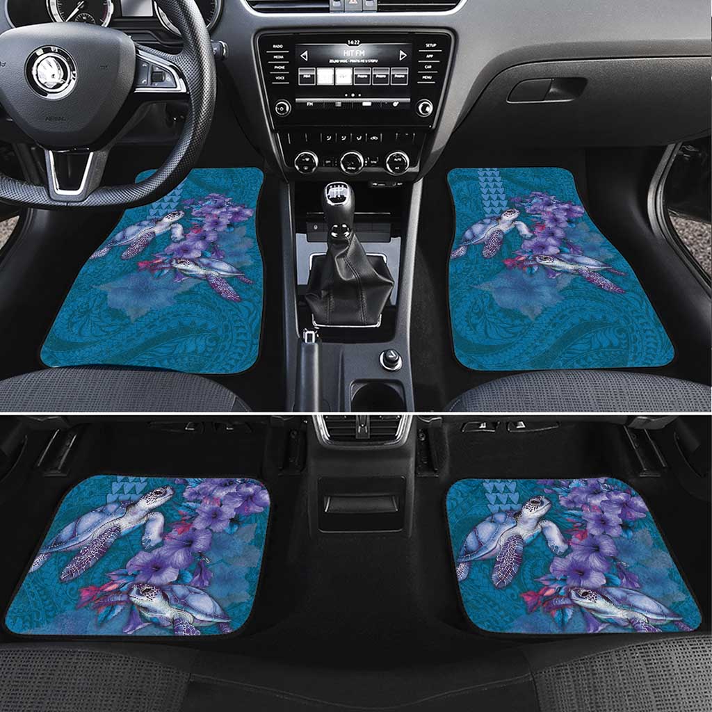 Hawaiian Turtle Love Couple Car Mats - Sweet Hibiscus and Kakau Pattern Sapphire Color LT03 Set 4pcs Blue - Polynesian Pride