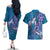 Hawaiian Turtle Love Couple Couples Matching Off The Shoulder Long Sleeve Dress and Hawaiian Shirt - Sweet Hibiscus and Kakau Pattern Sapphire Color