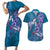 Hawaiian Turtle Love Couple Couples Matching Short Sleeve Bodycon Dress and Hawaiian Shirt - Sweet Hibiscus and Kakau Pattern Sapphire Color