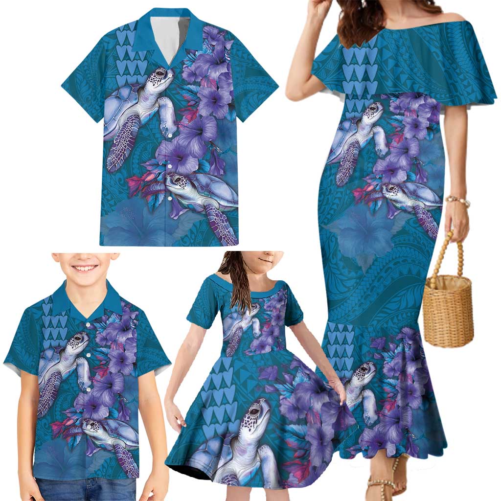 Hawaiian Turtle Love Couple Family Matching Mermaid Dress and Hawaiian Shirt - Sweet Hibiscus and Kakau Pattern Sapphire Color