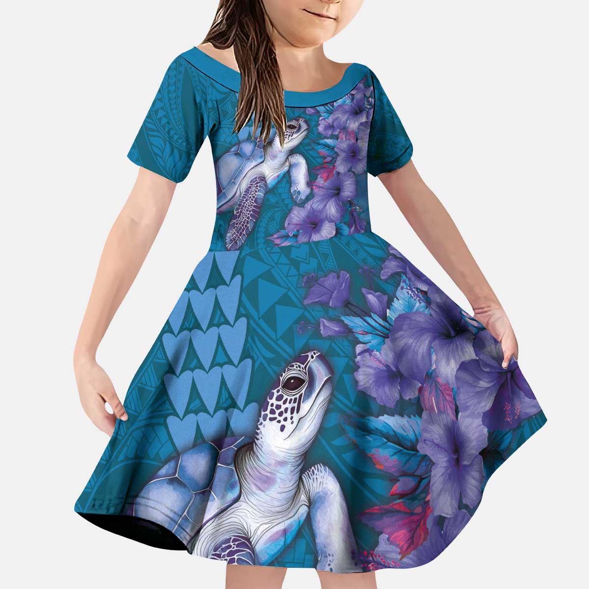 Hawaiian Turtle Love Couple Kid Short Sleeve Dress - Sweet Hibiscus and Kakau Pattern Sapphire Color LT03 KID Blue - Polynesian Pride