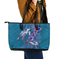 Hawaiian Turtle Love Couple Leather Tote Bag - Sweet Hibiscus and Kakau Pattern Sapphire Color LT03 - Polynesian Pride